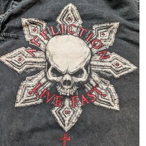 Affliction Long Sleeve Shirt Mens 2XL Black Live Fast Skull Graphic Raw Seam Y2K